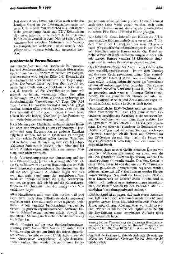 Vorschauseite 4: 100 Tage BPlfV 1995 - eine Bilanz nicht ohne Probleme Erfahrungen aus dem Städtischen Klinikum Dessau
