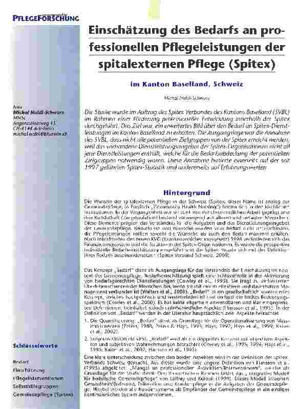 Vorschauseite 1: Einschätzung des Bedarfs an professionellen Pflegeleistungen der spitalexternen Pflege (Spitex)