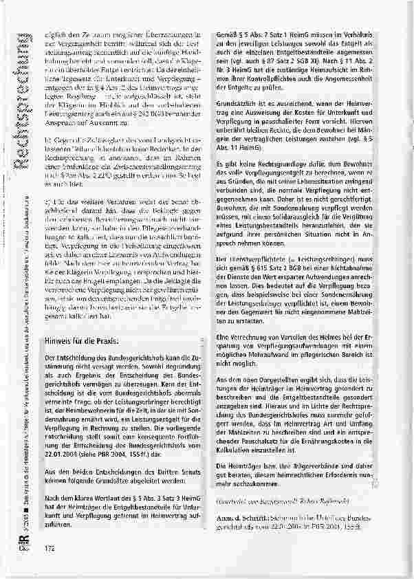 Vorschauseite 5: Zum Anspruch des Heimträgers auf Entgelt für Verpflegung bei Verabreichung von der gesetzlichen Krankenversicherung finanzierter SondennahrungBGB § 615 Satz 2; HeimG § 5 Abs. 7; S…