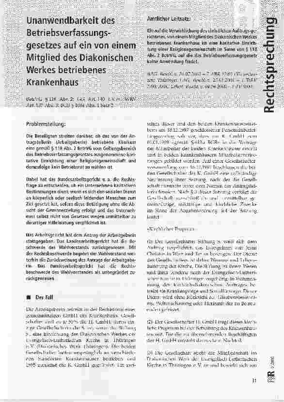 Vorschauseite 1: Unanwendbarkeit des Betriebsverfassungsgesetzes auf ein von einem Mitglied des Diakonischen Werkes betriebenes Krankenhaus