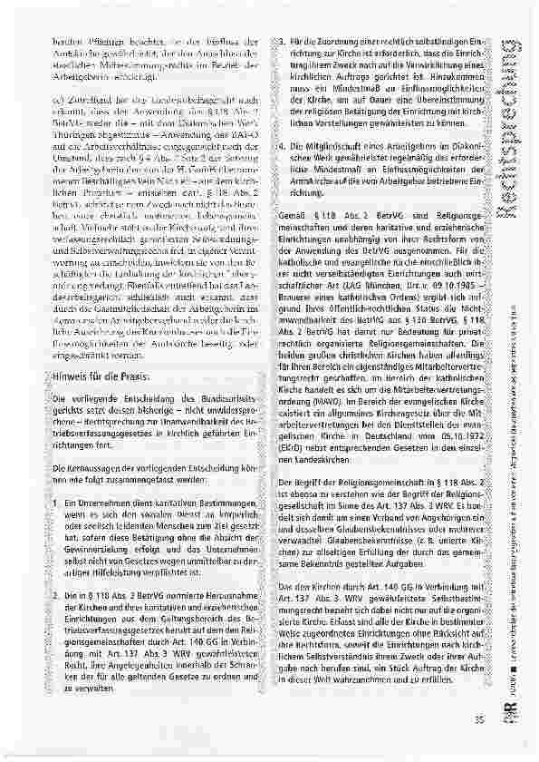 Vorschauseite 5: Unanwendbarkeit des Betriebsverfassungsgesetzes auf ein von einem Mitglied des Diakonischen Werkes betriebenes Krankenhaus