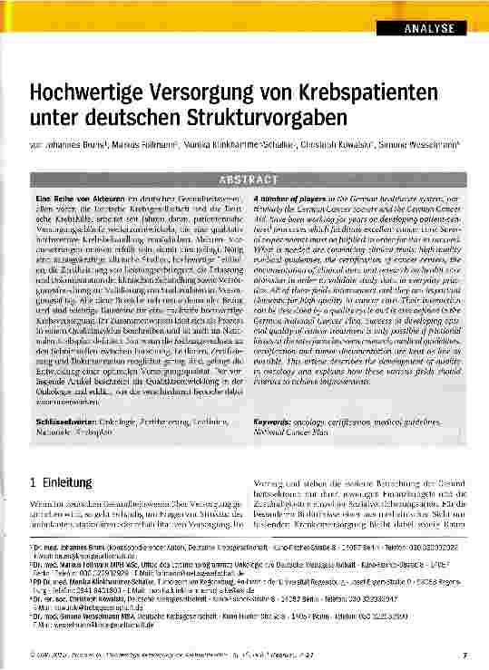 Vorschauseite 1: Hochwertige Versorgung von Krebspatienten unter deutschen Strukturvorgaben