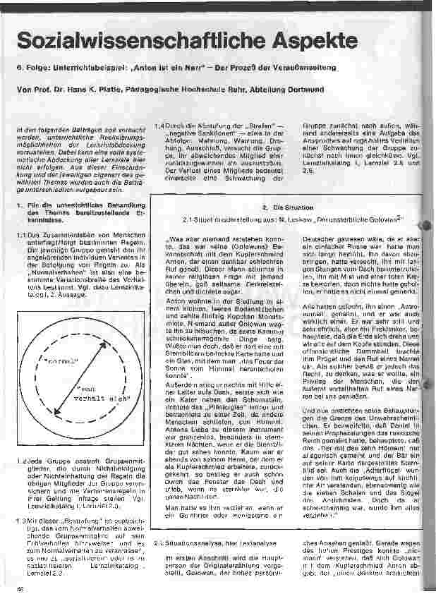 Vorschauseite 1: Sozialwissenschaftliche Aspekte 6.Folge: Unterrichtsbeispiel:Anton ist ein Narr - Der Prozess der Veraußenseitung