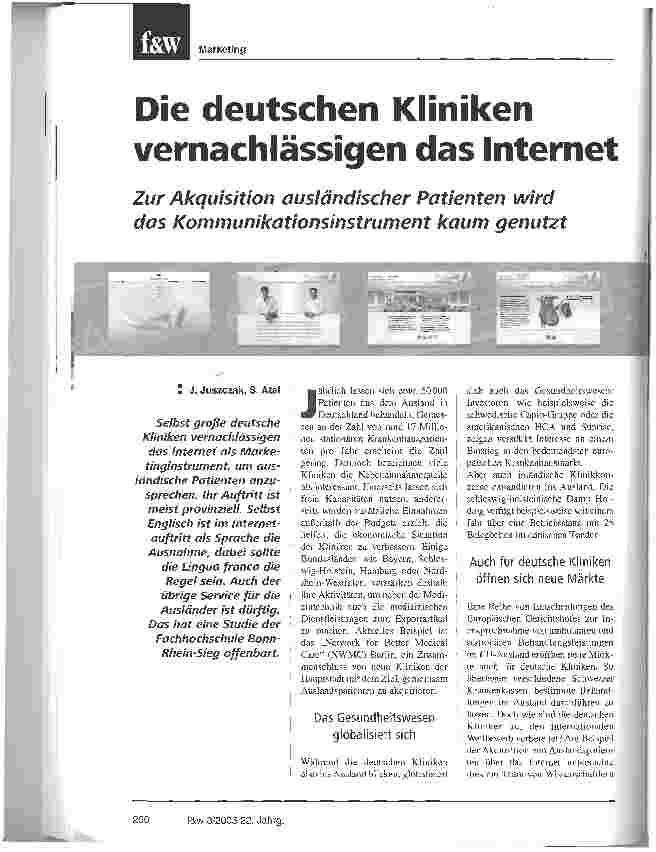 Vorschauseite 1: Die deutschen Kliniken vernachlässigen das InternetZur Akquisition ausländischer Patienten wird das Kommunikationsinstrument kaum genutzt