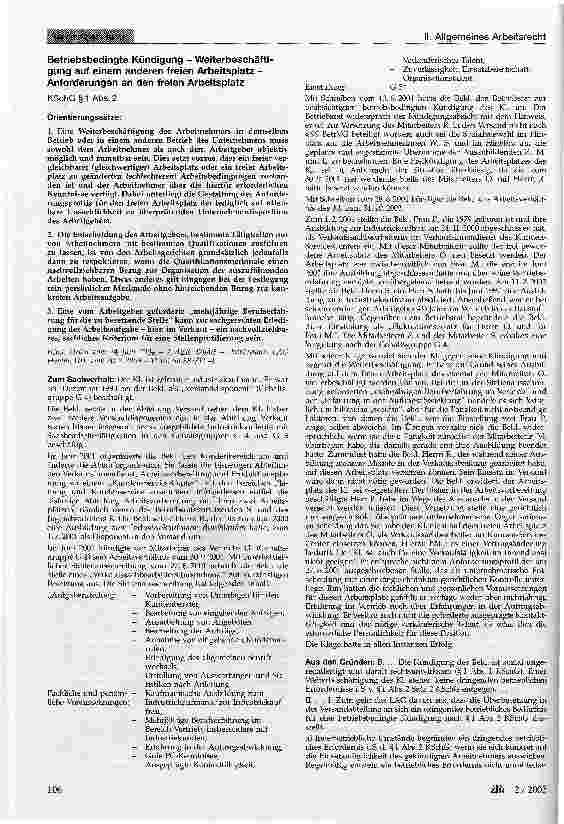 Vorschauseite 1: Betriebsbedingte Kündigung - Weiterbeschäfti-jung auf einem anderen freien Arbeitsplatz -Anforderungen an den freien Arbeitsplatz