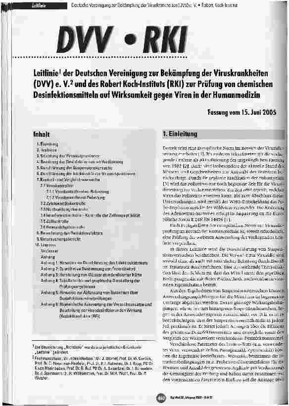 Vorschauseite 1: Leitlinie der Deutschen Vereinigung zur Bekämpfung der Viruskrankheiten (DW) e. V. und des Robert Koch-Instituts (RKI) zur Prüfung von chemischen Desinfektionsmitteln auf Wirksamk…