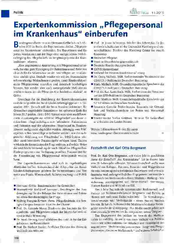 Vorschauseite 1: Expertenkommission Pflegepersonal im Krankenhaus einberufen