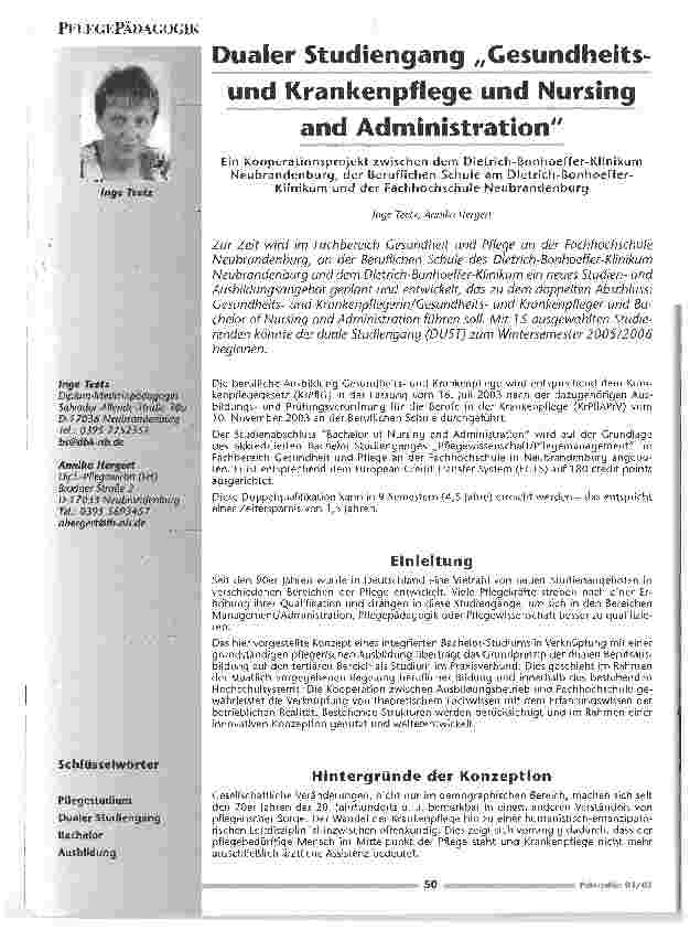 Vorschauseite 1: Dualer Studiengang Gesundheits-und Krankenpflege und Nursing and Administration
