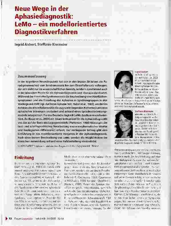 Vorschauseite 1: Neue Wege in der Aphasiediagnostik: LeMo - ein modellorientiertes Diagnostikverfahren