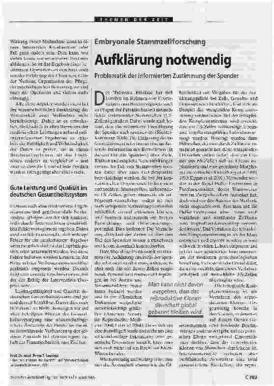 Vorschauseite 1: Embryonale Stammzellforschung. Aufklärung notwendigProblematik der informierten Zustimmung der Spender