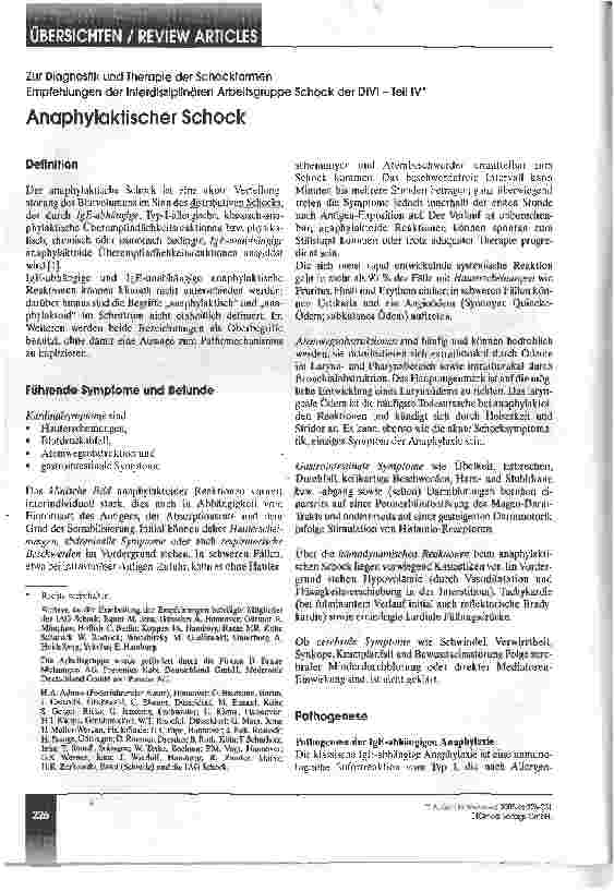 Vorschauseite 1: Zur Diagnostik und Therapie der Schockformen Empfehlungen der Interdisziplinären Arbeitsgruppe Schock der DIVI - Teil IV*Anaphylaktischer Schock