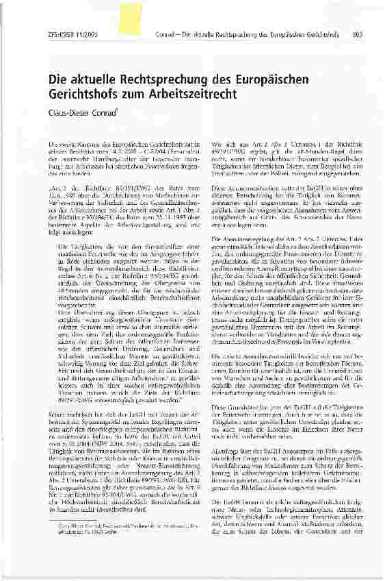 Vorschauseite 1: Die aktuelle Rechtsprechung des Europäischen Gerichtshofs zum Arbeitszeitrecht