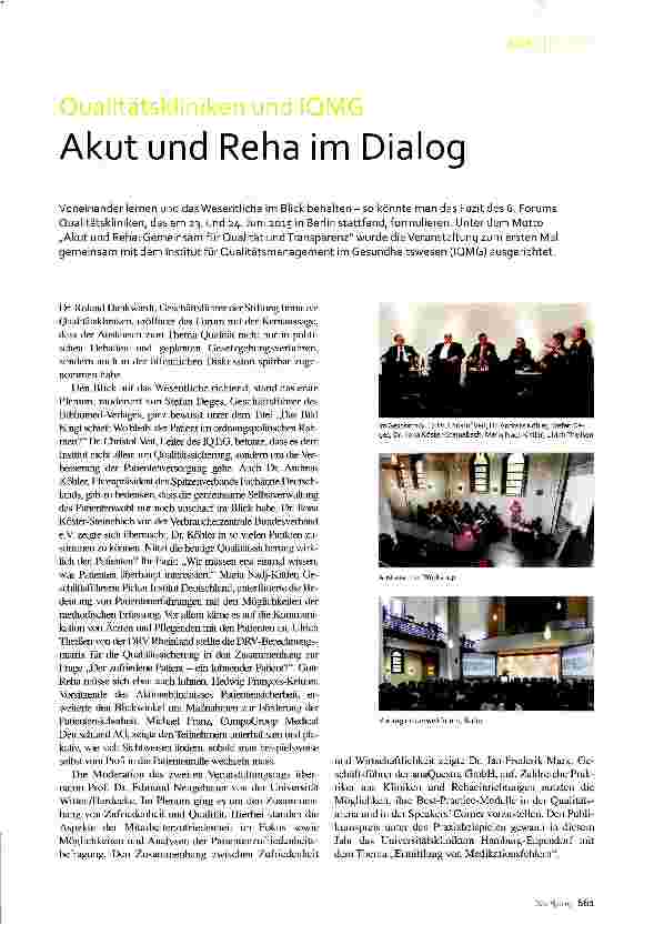 Vorschauseite 1: Qualitätskliniken und IQMG Akut und Reha im Dialog