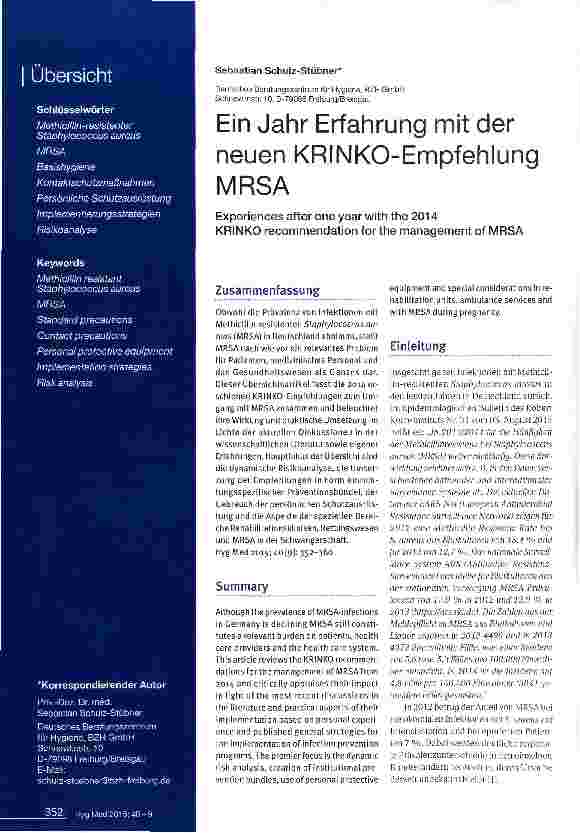 Vorschauseite 1: Ein Jahr Erfahrung mit der neuen KRINKO-Empfehlung MRSA