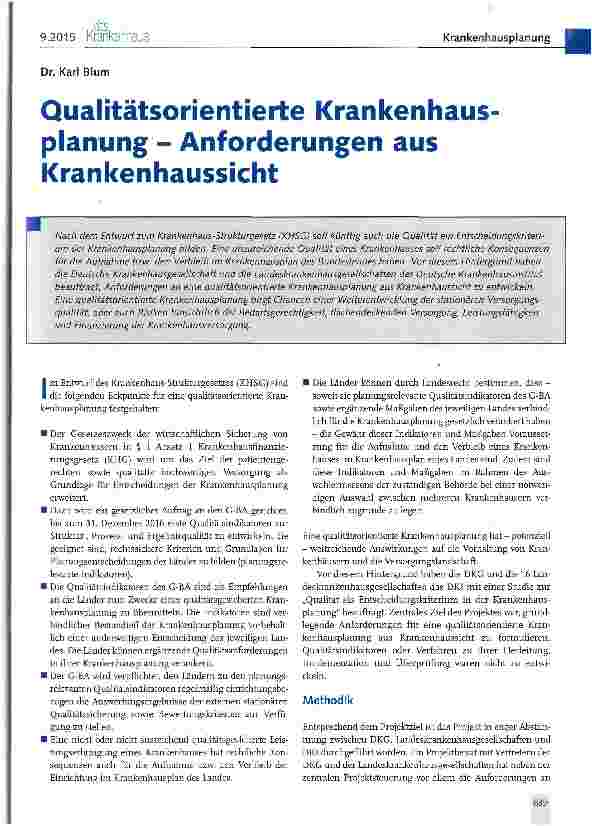 Vorschauseite 1: Qualitätsorientierte Krankenhausplanung- Anforderungen aus Krankenhaussicht