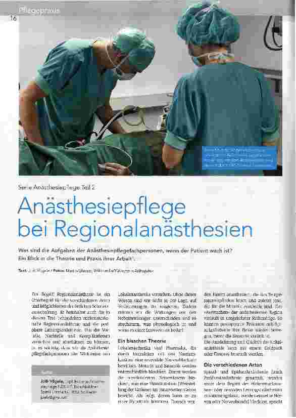 Vorschauseite 1: Serie Anästhesiepflege Teil 2 Anästhesiepflege bei Regionalanästhesien