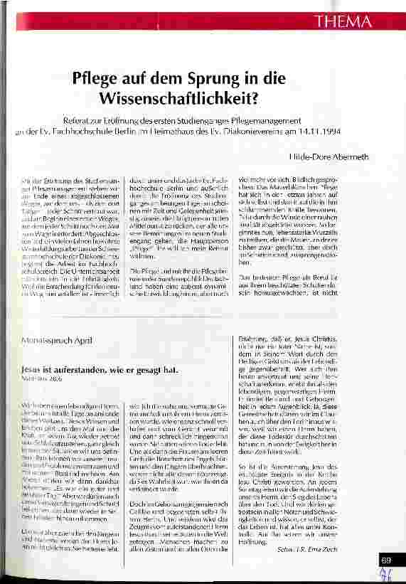 Vorschauseite 1: Pflege auf dem Sprung in die Wissenschaftlichkeit? Referat zur Eröffnung des ersten Studienganges Pflegemanagement an der Ev. Fachhochschule Berlin im Heimathaus des. Ev. Diakonie…