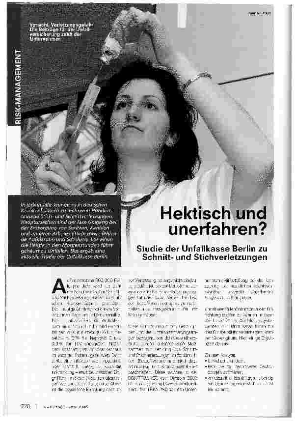 Vorschauseite 1: Hektisch und unerfahren? Studie der Unfallkasse Berlin zu Schnittund Stichverletzungen