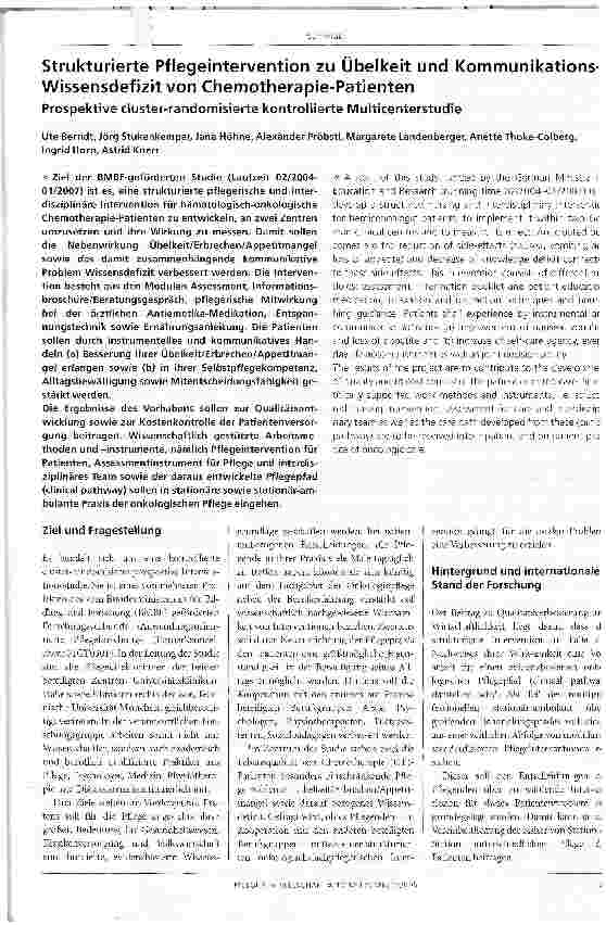 Vorschauseite 1: Strukturierte Pflegeintervention zu Übelkeit und Kommunikations-Wissensdefizit von Chemotherapie-PatientenProspektive cluster-randomisierte kontrollierte Multicenterstudie