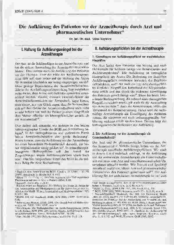 Vorschauseite 1: Die Aufklärung des Patienten vor der Arzneitherapie durch Arzt undpharmazeutischen Unternehmer*
