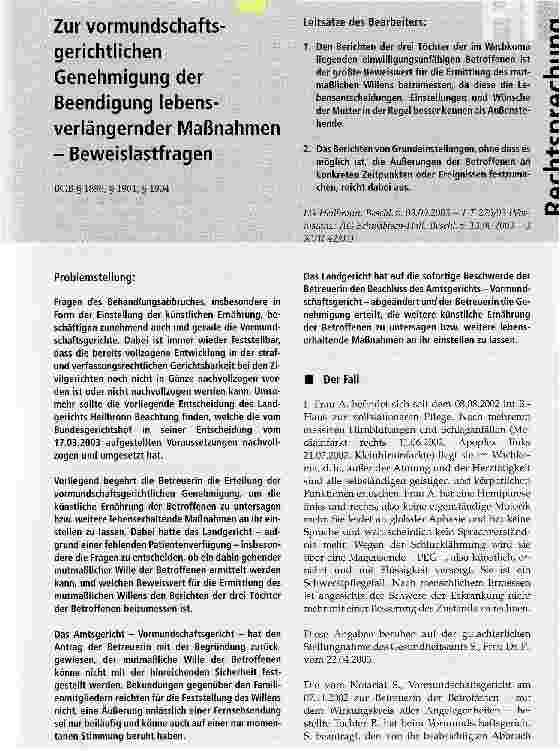 Vorschauseite 1: Zur vormundschaftsgerichtlichen Genehmigung der Beendigung lebensverlängernder Maßnahmen - Beweislastfragen