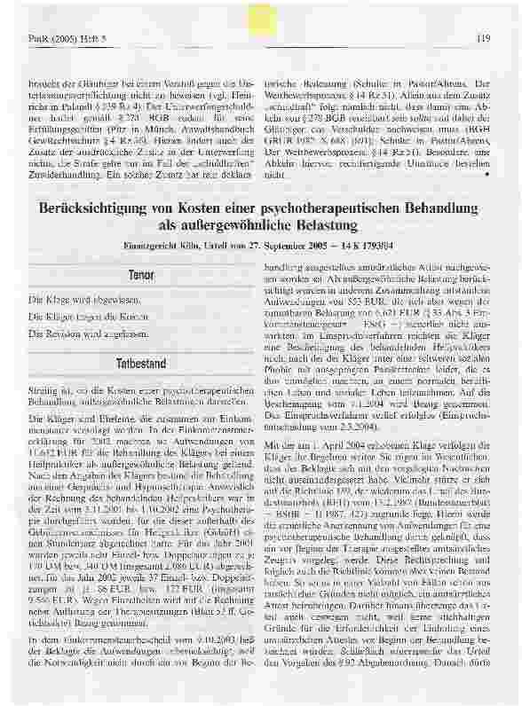 Vorschauseite 1: Berücksichtigung von Kosten einer psychotherapeutischen Behandlung als außergewöhnliche Belastung