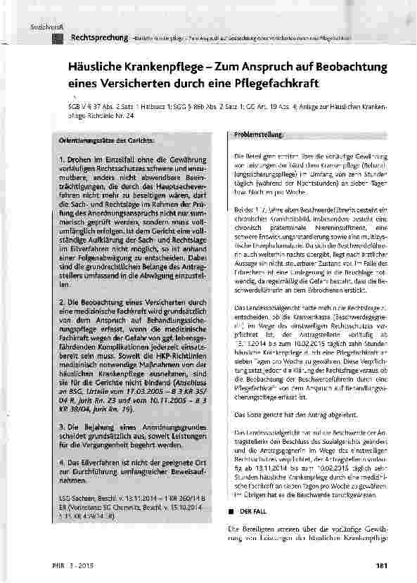 Vorschauseite 1: Häusliche Krankenpflege -Zum Anspruch auf Beobachtung eines Versicherten durch eine Pflegefachkraft