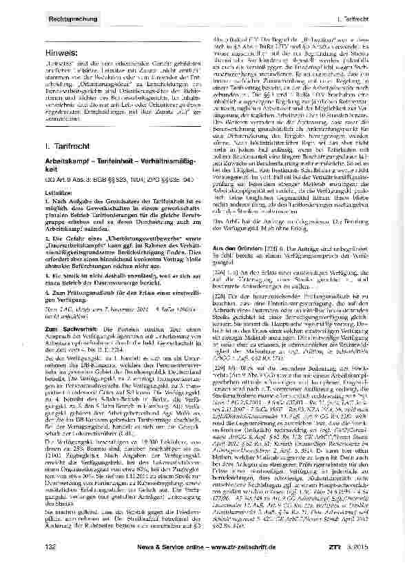 Vorschauseite 1: Arbeitskampf - Tarifeinheit - Verhältnismäßigkeit GG Art. 9 Abs. 3; BGB §§ 823, 1004; ZPO §§ 935, 940