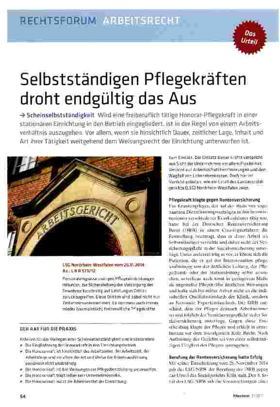 Vorschauseite 1: Selbstständigen Pflegekräften droht endgültig das Aus