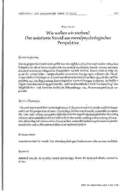 Vorschauseite 1: Wie wollen wir sterben? Der assistierte Suizid aus moralpsychologischer Perspektive