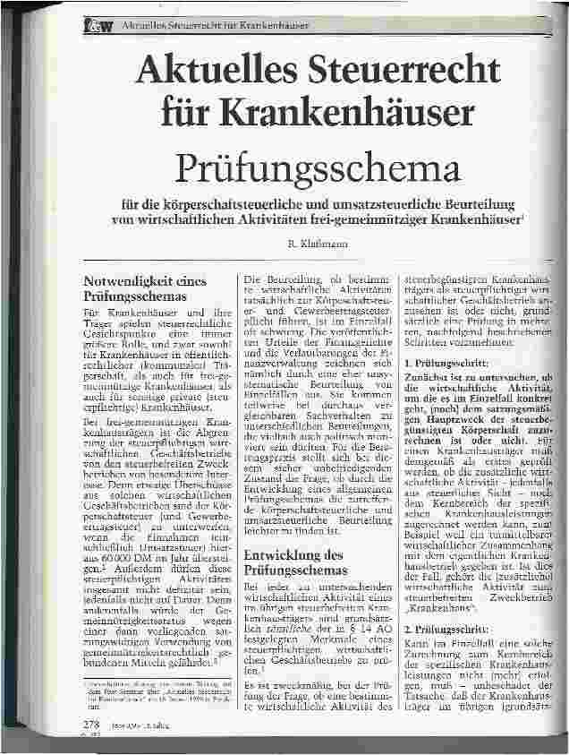 Vorschauseite 1: Aktuelles Steuerrecht für Krankenhäuser Prüfungsschema für die körperschaftssteuerliche und umsatzsteuerliche Beurteilung von wirtschaftlichen Aktivitäten frei-gemeinnütziger Kran…