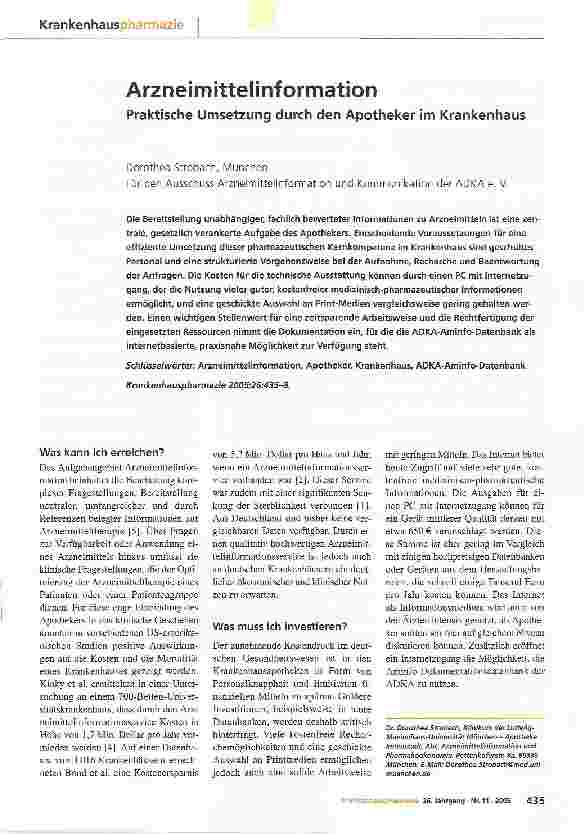 Vorschauseite 1: ArzneimittelinformationPraktische Umsetzung durch den Apotheker im Krankenhaus