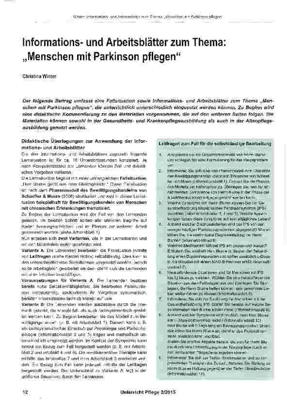 Vorschauseite 1: Informationsund Arbeitsblätter zum Thema „Menschen mit Parkinson pflegen