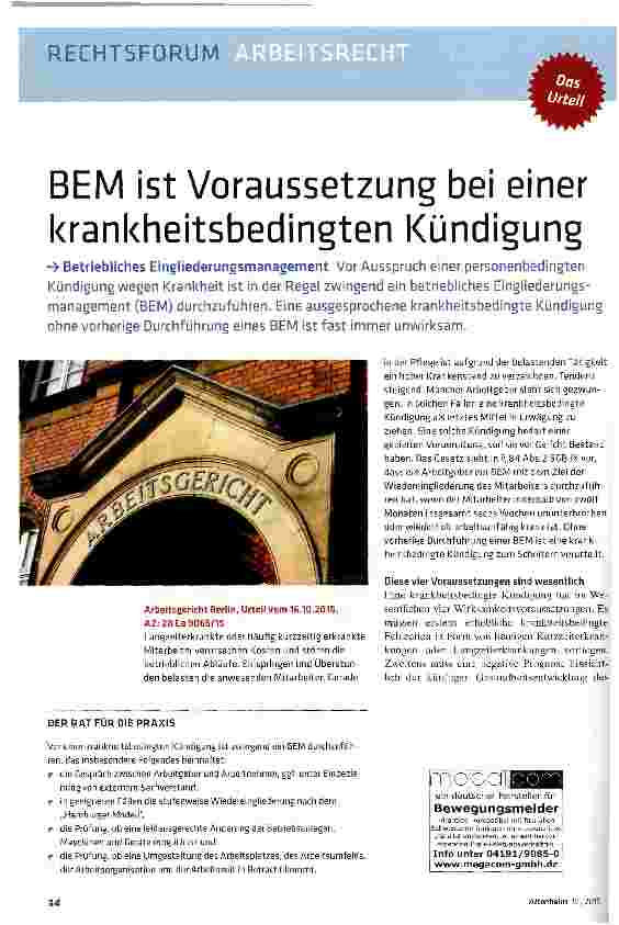 Vorschauseite 1: BEM ist Voraussetzung bei einer krankheitsbedingten Kündigung