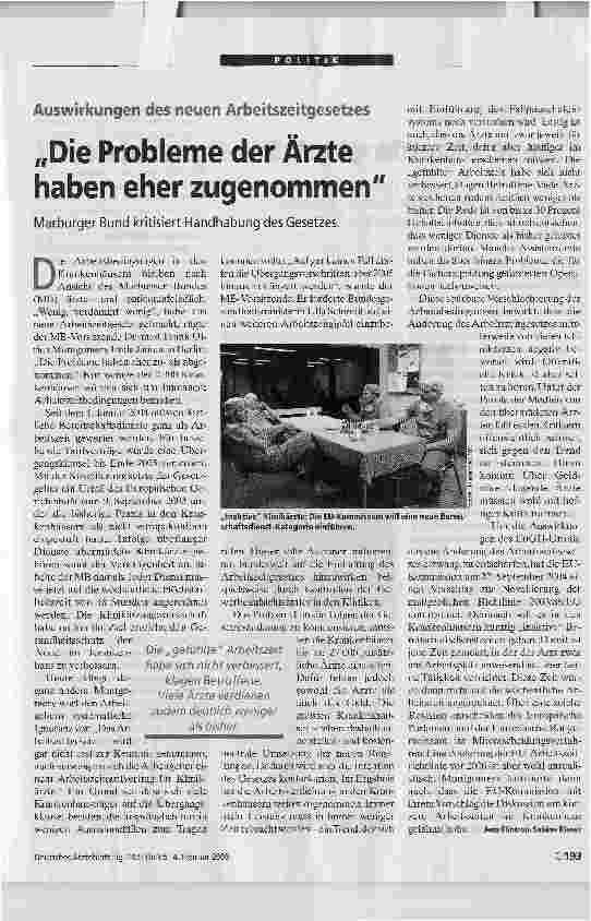 Vorschauseite 1: Auswirkungen des neuen ArbeitszeitgesetzesDie Probleme der Ärzte haben eher zugenommen