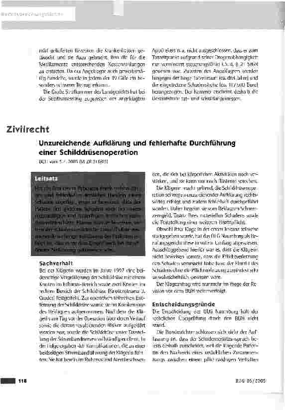 Vorschauseite 1: Unzureichende Aufklärung und fehlerhafte Durchführung einer Schilddrüsenoperation