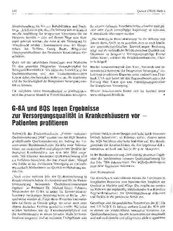 Vorschauseite 1: G-BA und BQS legen Ergebnissezur Versorgungsqualität in Krankenhäusern vorPatienten profitieren