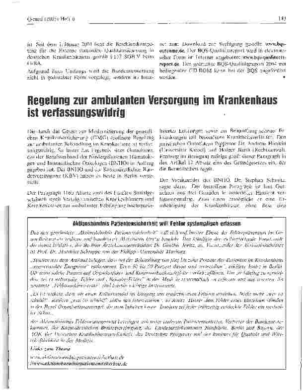 Vorschauseite 2: G-BA und BQS legen Ergebnissezur Versorgungsqualität in Krankenhäusern vorPatienten profitieren