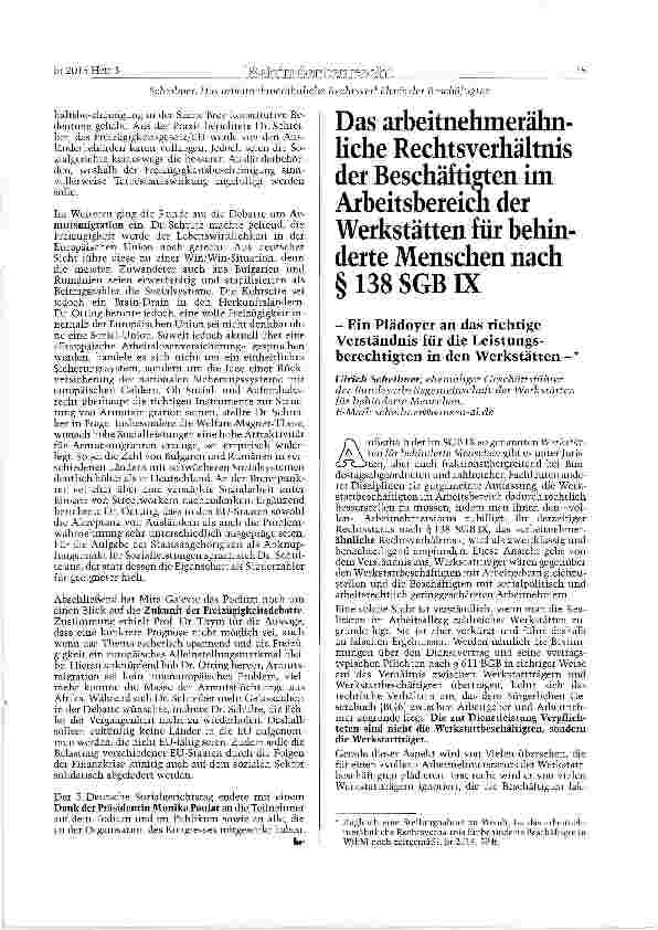Vorschauseite 1: Das arbeitnehmerähn-liche Rechtsverhältnis der Beschäftigten im Arbeitsbereich der Werkstätten für behin-derte Menschen nach § 138 SGBIX