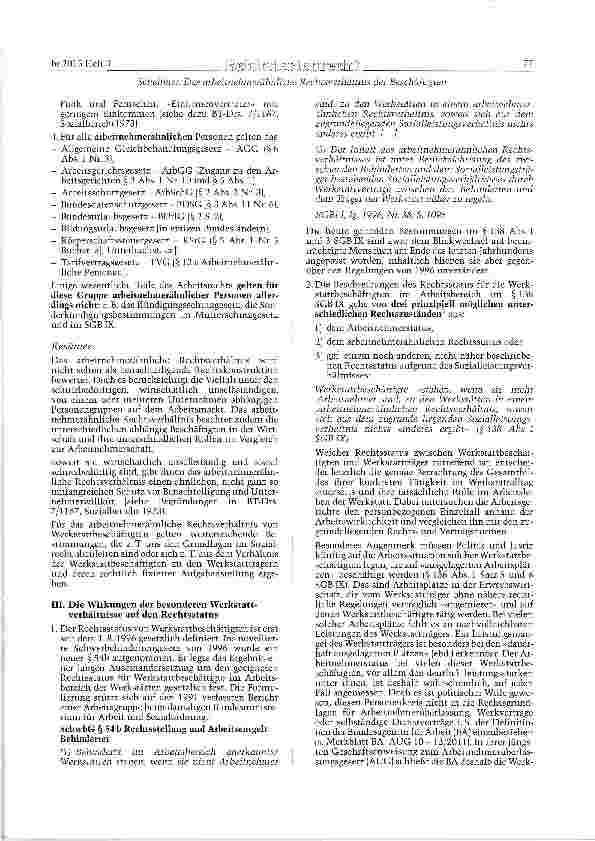 Vorschauseite 3: Das arbeitnehmerähn-liche Rechtsverhältnis der Beschäftigten im Arbeitsbereich der Werkstätten für behin-derte Menschen nach § 138 SGBIX