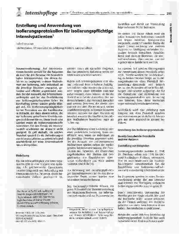 Vorschauseite 1: Erstellung und Anwendung von Isolierungsprotokollen für isolierungspflichtige Intensivpatienten