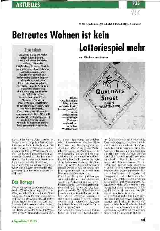 Vorschauseite 1: Betreutes Wohnen ist kein Lotteriespiel mehr Ein Qualitätssiegel schützt hilfsbedürftige Senioren