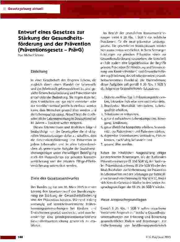 Vorschauseite 1: Entwurf eines Gesetzes zur Stärkung der Gesundheits-förderung und der Prävention (Präventionsgesetz - PrävG)