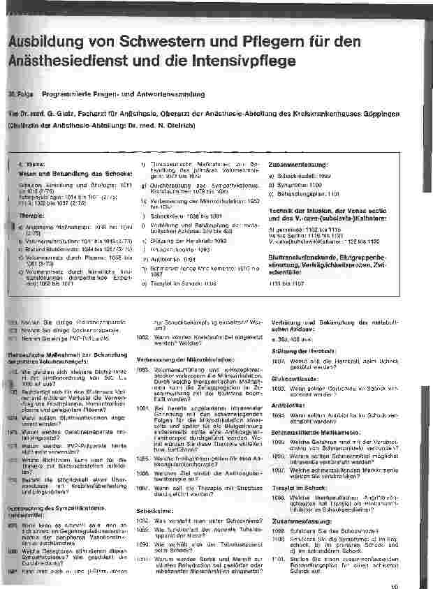 Vorschauseite 1: Ausbildung von Schwestern und Pflegern für den Anästhesiedienst und die Intensivpflege/30. Folge: Programmierte Fragen - und Antwortensammlung