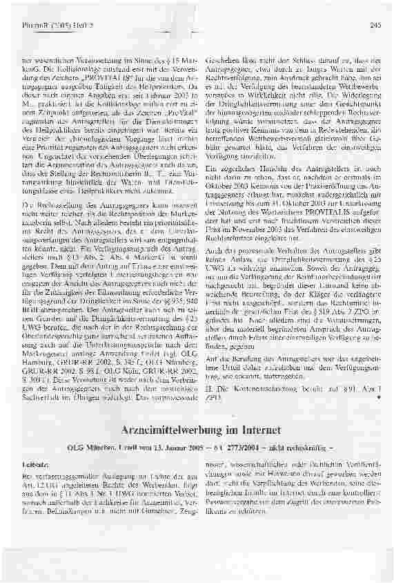 Vorschauseite 1: Arzneimittelwerbung im InternetOLG München, Urteil vom 13. Januar 2005 - 6 U 2773/2004 - nicht rechtskräftig