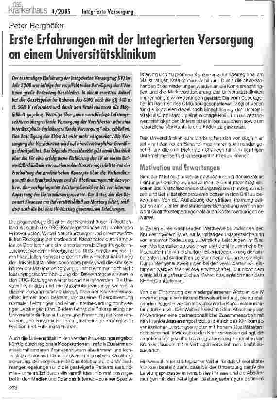 Vorschauseite 1: Erste Erfahrungen mit der Integrierten Versorgung an einem Universitätsklinikum