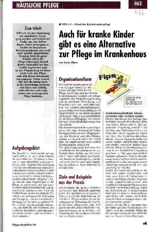 Vorschauseite 1: Auch für kranken Kinder gibt es eine Alternative zur Pflege im Krankenhaus FIPS e. V. Häusiche Kinderkrankenpflege