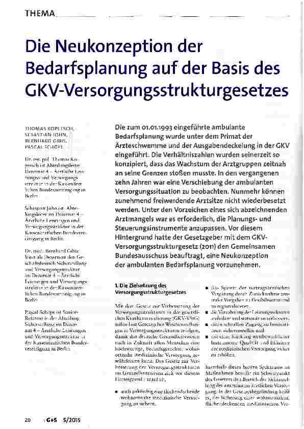Vorschauseite 1: Die Neukonzeption der Bedarfsplanung auf der Basis des GKV-Versorgungsstrukturgesetzes