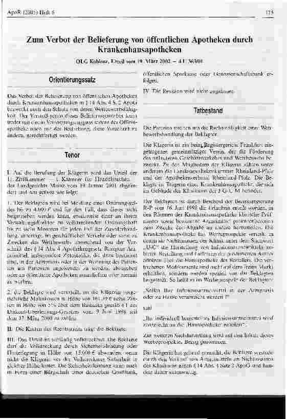 Vorschauseite 1: Zum Verbot der Belieferung von öffentlichen Apotheken durch Krankenhausapotheken