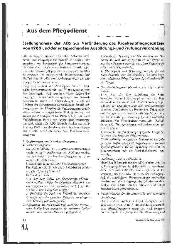 Vorschauseite 1: Stellungnahme der ADS zur Veränderung des Krankenpflegegesetzes von 1985 und der entsprechenden Ausbildungsund Prüfungsverordnung